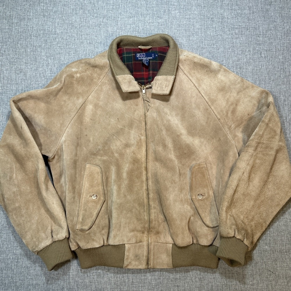 Vintage Polo Ralph Lauren Jacket Mens XL Brown Suede Bomber Plaid Lined 90s